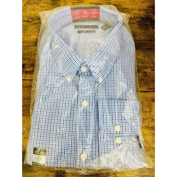 New! Tommy Hilfiger Flex Slim Stretch Blue White Plaid Sz XL 34/35 17-1/2 - Picture 1 of 3